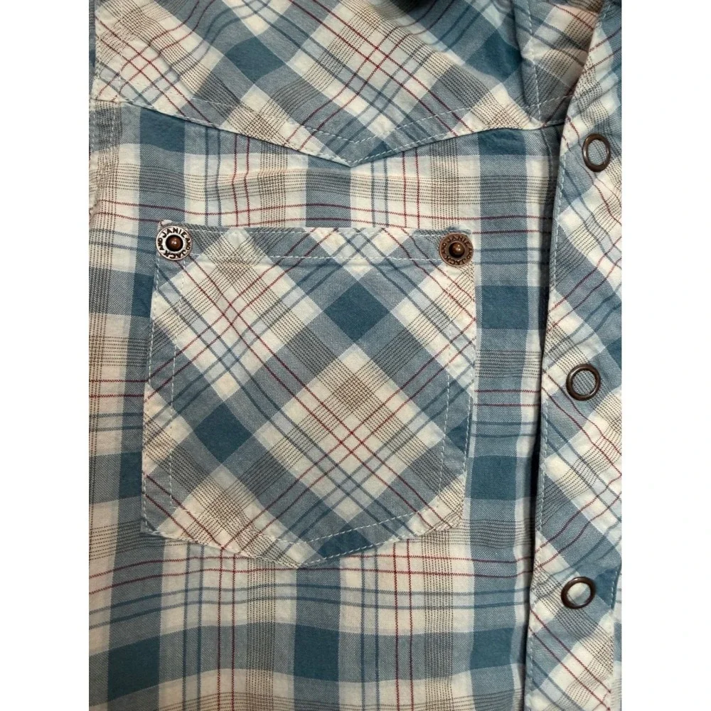 31.Janie and Jack Boys Blue Plaid Western Snap Button Down Shirt 4T Cotton